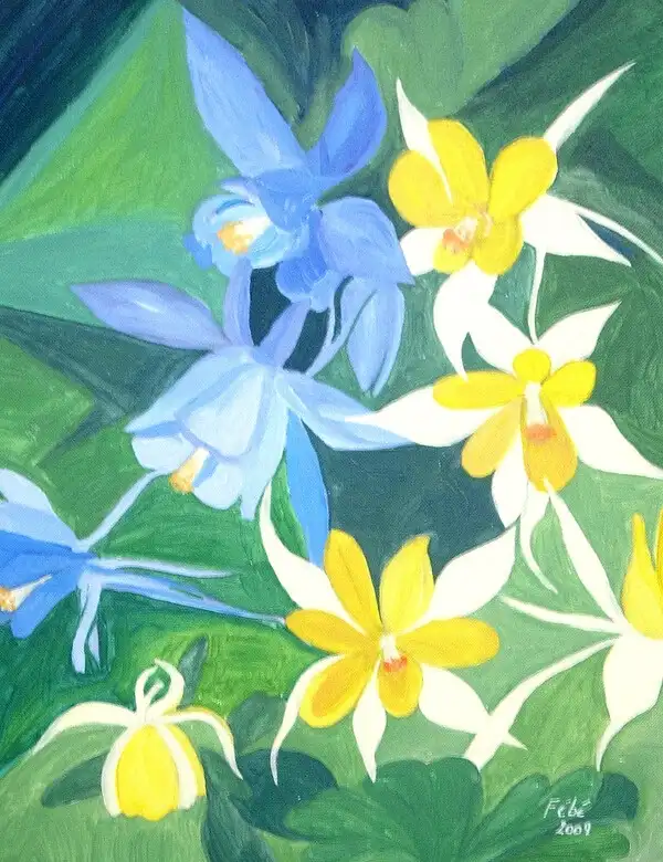 Peinture intitulée “Ancolies”, acrylique sur toile, format 38x46 cm – artiste Florence Boutoulle – Fébécréations.fr