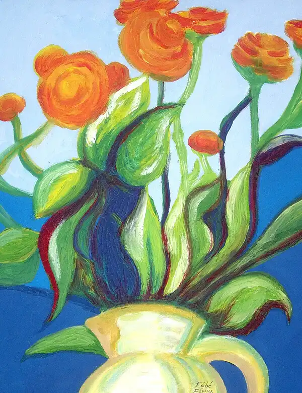 Peinture intitulée “Bouquet de renoncules”, acrylique sur toile, format 38x46 cm – artiste Florence Boutoulle – Febecreations.fr