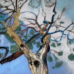 Pastel sec 40x32 cm capturant la naissance lumineuse du feuillage au sommet des arbres, baigné dans la lumière et le ciel, une évocation sensible du renouveau végétal réalisé par Florence Boutoulle - Fébécréations.fr