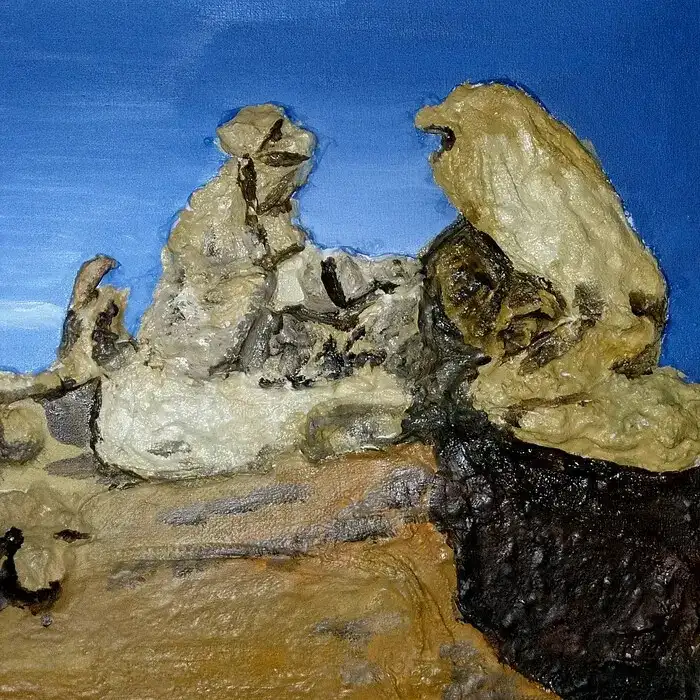 Peinture acrylique 30x30 de Florence Boutoulle représentant des femmes marchant dans le désert.