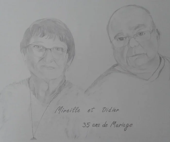 Mireille-et-Didier-Portrait-au-crayon Portrait intitulé ‘Mireille et Didier’, réalisé au crayon, format 65x50 cm – artiste Florence Boutoulle – Fébécréations.fr”
